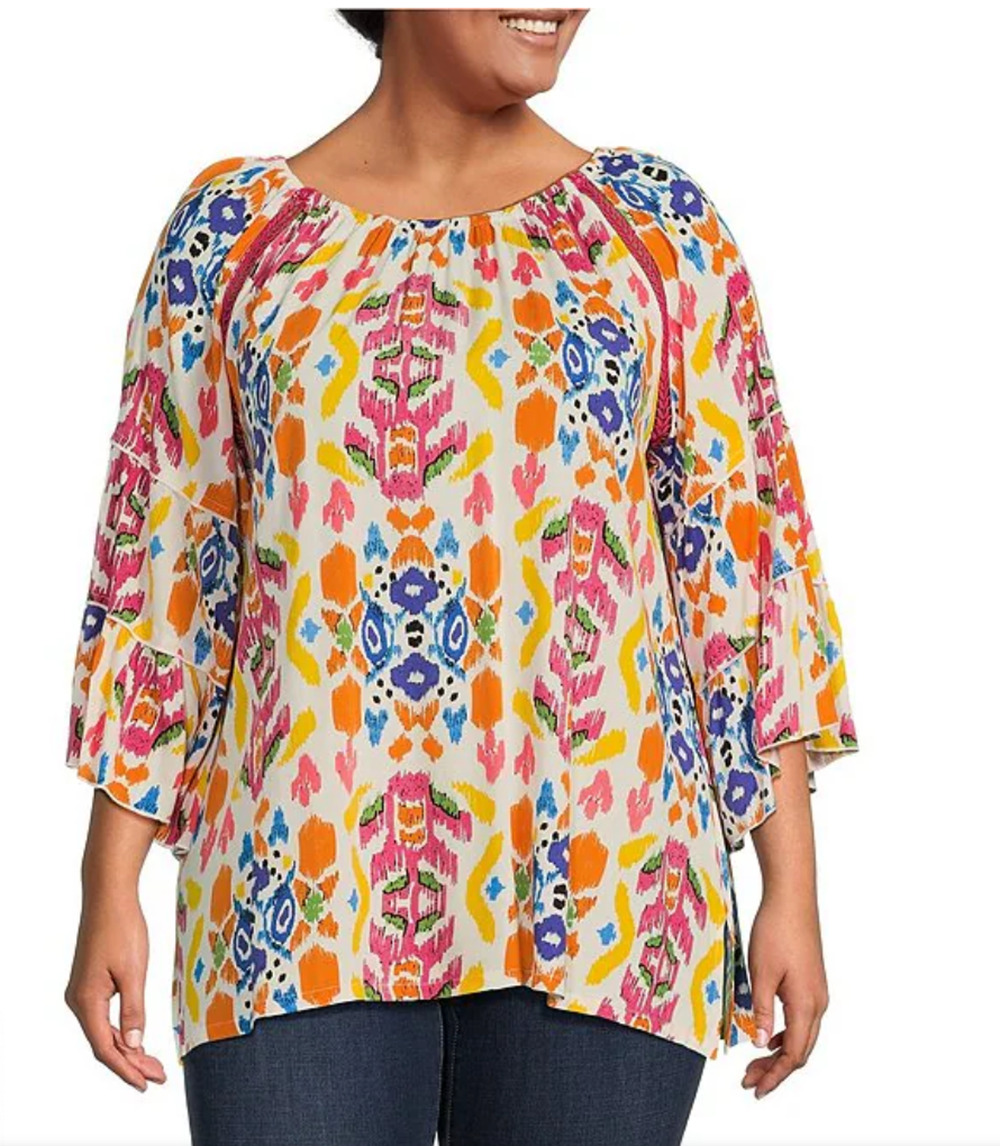 New Calessa Abstract Ikat Print 3/4 Tiered Sleeve Tunic Shirt Plus Sz 2X